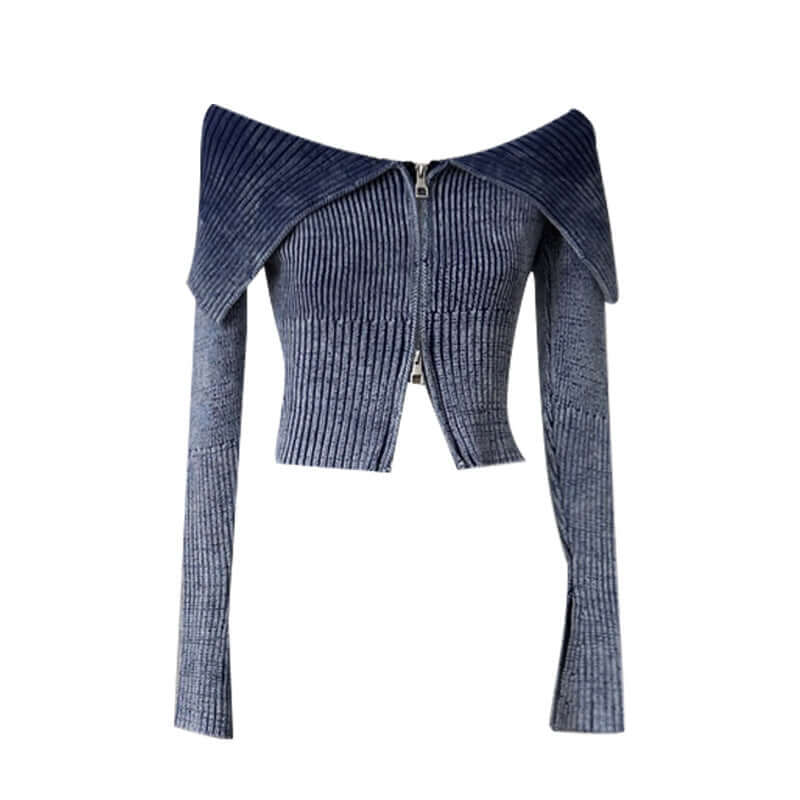 Autumn And Winter New Slim Vertical Striped Long Sleeve Knitted Cardigan Top Off-the-shoulder Cropped Sweater Coat