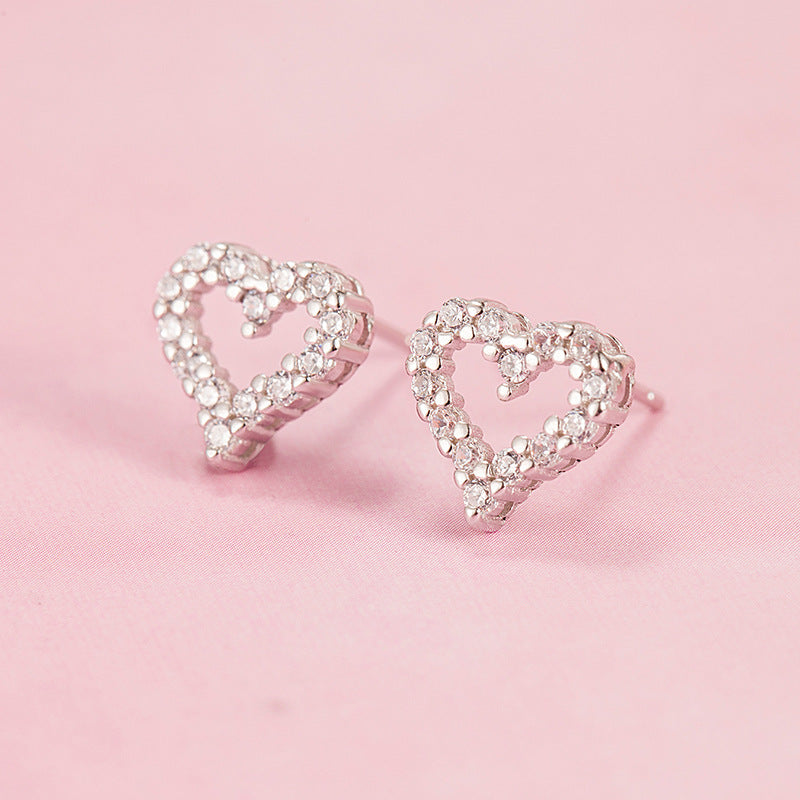 Simple Women's Diamond Heart-shaped Full-jeweled Stud Earrings